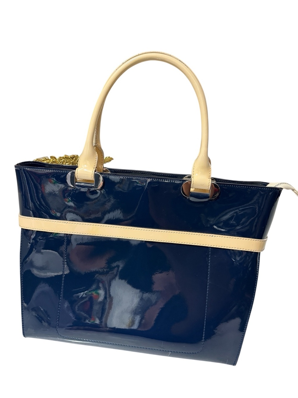 L.K Baanet Italian Patent Navy and Cream Tote Handbag